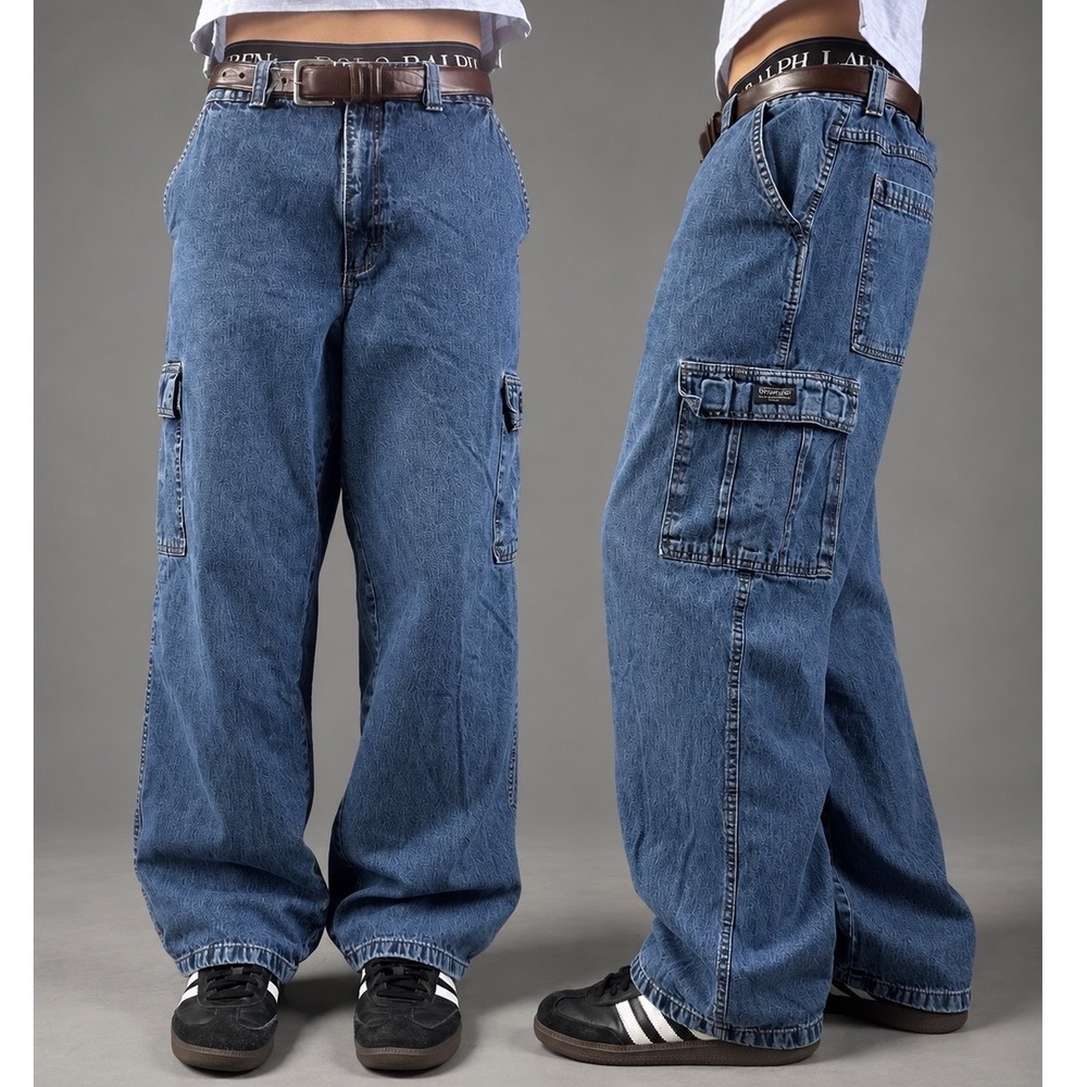 Vintage Wrangler Hero Men Blue Cargo Jeans 38x30 Baggy Loose Fit Y2K